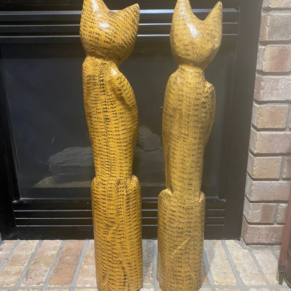 Vintage Hand Carved Wooden Cat Sculptures Pair Tall 32" Folk Art Indonesia MCM - Picture 4 of 11